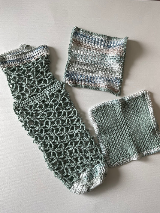 Kitchen plastic bag holder and dish cloth set